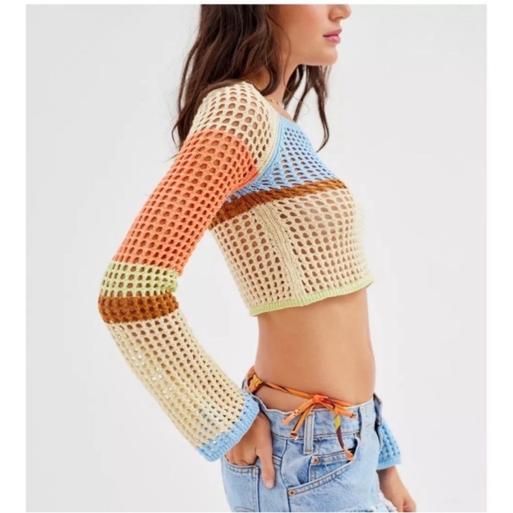 Urban Outfitters Chloe Cropped Open Knit Sweater New Small Cream Blue Green 70s - Picture 3 of 8